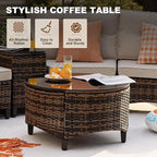 MEISSALIVVE 9 Piece Outdoor Patio Furniture Set, Half-Moon Curved Sectional Set with Wood Armrests, Patio Conversation Set, Tempered Glass Coffee & Side Tables（Brown）