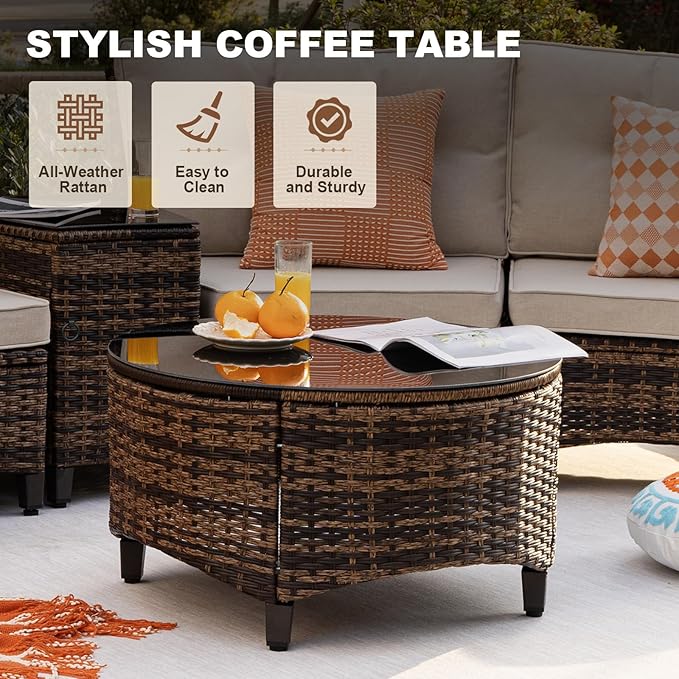 MEISSALIVVE 8 Piece Outdoor Patio Furniture Set, Half-Moon Curved Sectional Set with Wood Armrests, Patio Conversation Set, 2 Half-Moon Ottomans，Coffee & Side Tables (Brown)