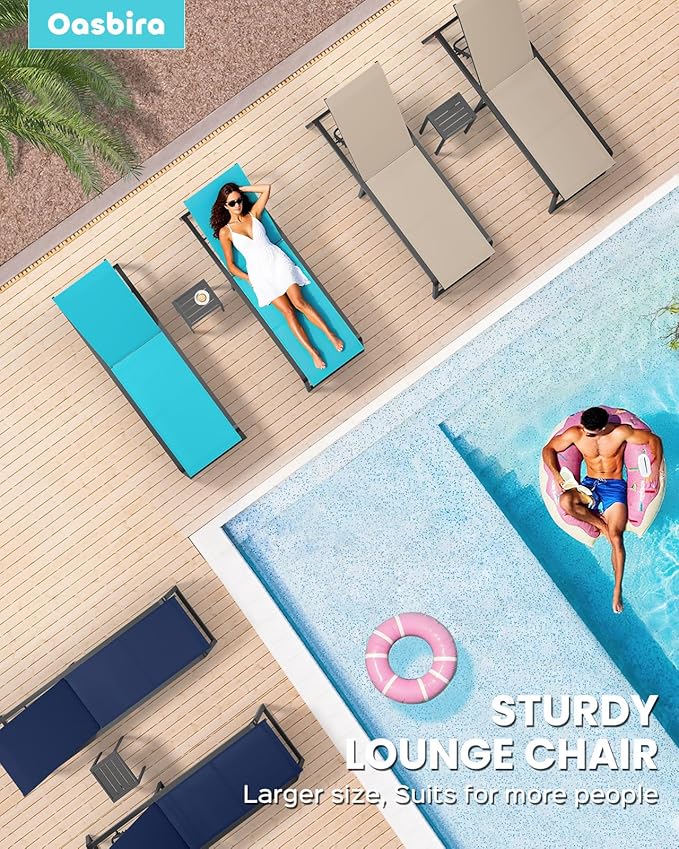 Aluminum Chaise Lounge Chair Outdoor, Foldable & Assembly Free Patio Pool Lounge Chairs 5-Position Recliner for Outside Poolside, Fully Grounded Legs Sun Lounger for Beach, Yard, White
