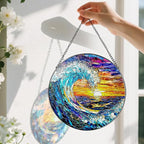 Stained Glass Window Hanging, Pauyadu 8 Inch Sea Waves Stained Glass Suncatcher, Sunset on The Beach Window Decor, Gift for Beach Lovers, Natural Gifts, Christmas, Mother's Day, Housewarming Gifts