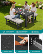 SERWALL Patio Dining Set for 4, Outdoor Dining Sets for 4 Person with 1 Umbrella Hole Cut-Out Rectangular Table and 2 Benches, HDPE Dining Sets for Garden, Backyard, Poolside, Black