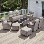 Rilyson Wicker Outdoor Patio Furniture Set - 8 Piece Patio Conversation Sets with Swivel Rocker Chairs, Ottomans, Sofa and Coffee Table, 6 inch Cushions, Deep Seating, for Porch Deck Brown/Beige