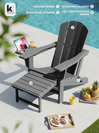 KINGYES Folding Adjustable Adirondack Chair with Ottoman & 2 Cup Holders Set of 2, HDEP Adirondack Chair with Footrest, Grey