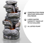 Teamson Home 39.37 in. Outdoor Faux Stacked Stone 4-Tier Water Fountain with LED Lights and Pump, Gray