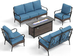Patio Furniture Set with 56" Fire Pit Table, Premium Outdoor Wicker Metal Frame Furniture with Upgraded Waterproof Thick Cushions for Porch, Poolside, Deck, and Yard