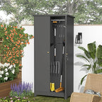 GREATMEET 72.8" Outdoor Broom Storage Cabinet, Waterproof Outdoor Narrow Storage Shed, Metal Storage Cabinets for Cleaning Supplies with Slanted Roof, Utility Closet, Broom Mop Storage Cabinet, Grey
