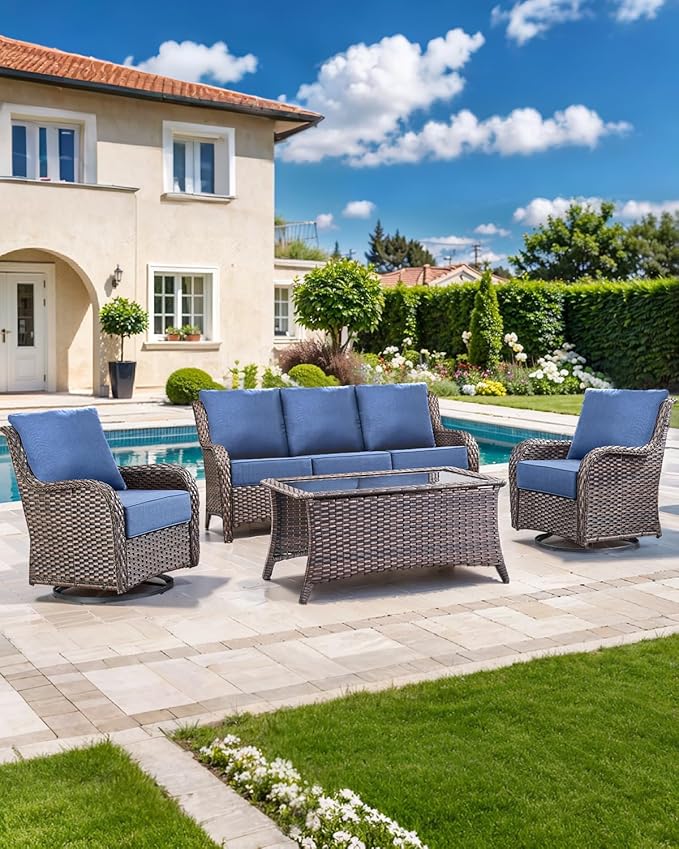Luxury 22x24/22x25 6-Inch Patio Sofa Cushions Set of 3 - Memory Foam Deep Seat Water-Resistant Patio Cushion for Dining Rocking Swivel Chairs Loveseat 3-Seater Sectional Couch - Navy Blue