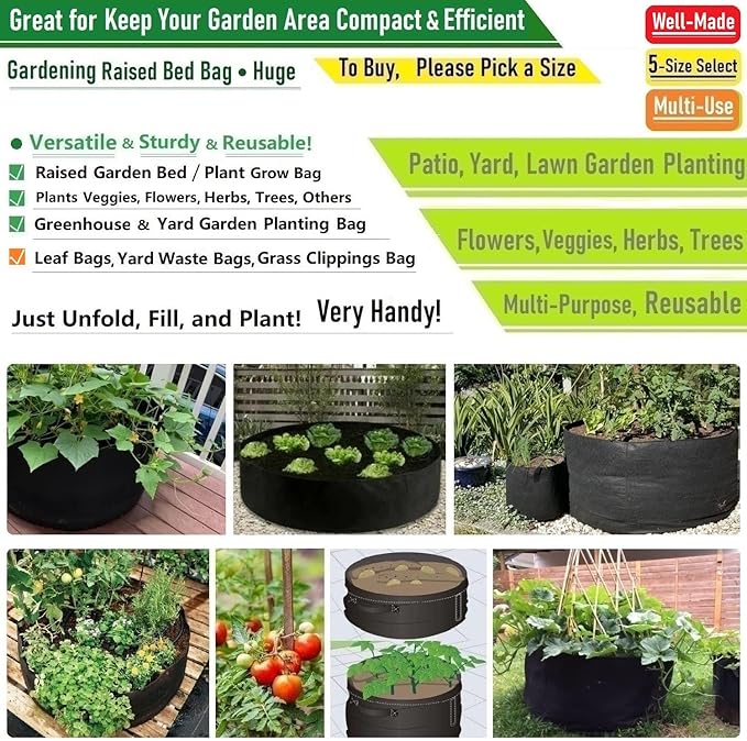 100 Gallon Large Raised Garden Bed Bag (40x20 inch) Big Garden Bag Sturdy Plant Grow Bag for Tomato,Potato Planter,Herb Veggies Planter Bag,Flower Bed,Yard Waste Bag,Lawn Debris Bag,Leaf Bag W/ Gloves