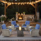 7 Piece Patio Furniture Set with Fire Pit Table - Wicker Patio Conversation Set with 4 Swivel Glider Chairs and 2 Tempered Glass Side Tables for Deck Backyard - Grey Wicker Blue Cushion