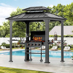 Modern Shade Grill Gazebo 6' X 8', Aluminum BBQ Gazebos with Shelves and Ceiling Hook, Grill Canopy Hardtop with Galvanized Steel Roof, Extra-Wide Column Design, Outdoor Grill Gazebo for Patio, Black
