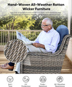 HUMMUH Outdoor Patio Wicker Swivel Rocker Chairs with 6-Inch Thick Cushion High Back 3 PCS Wicker Conversation Set for Porch Balcony Deck