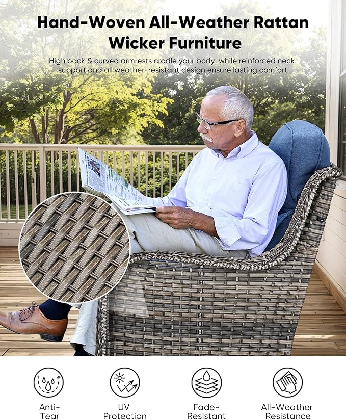 HUMMUH Outdoor Patio Wicker Swivel Rocker Chairs with 6-Inch Thick Cushion High Back 3 PCS Wicker Conversation Set for Porch Balcony Deck