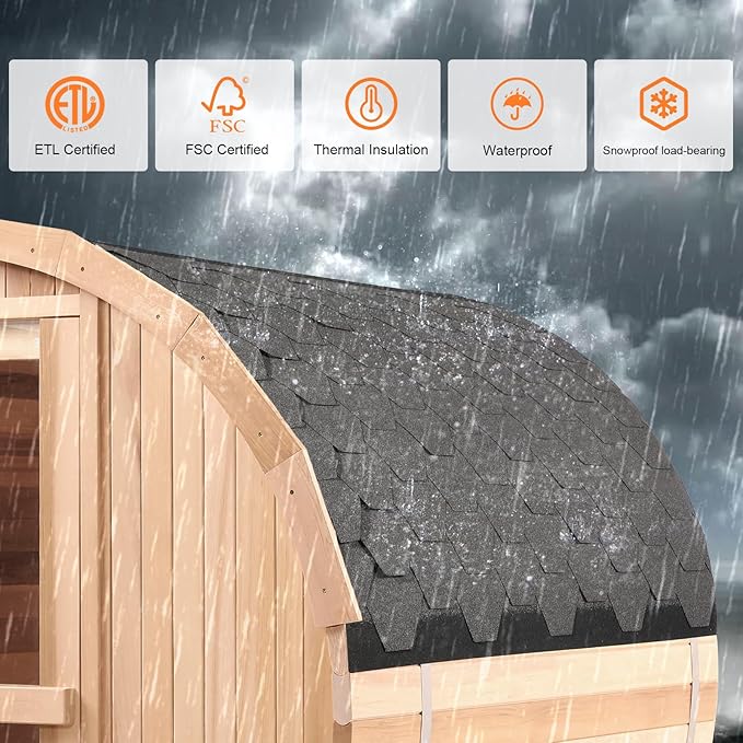 Outdoor Barrel Steam Sauna, 3 Person Wood Sauna Room with 4.5kw Harvia Electric Heater with Sauna Stone, Canadian Helmock Wooden Sauna, Sauna Accessories and Asphalt Shingle Roof (Helmock)