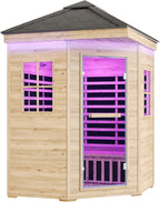 Albott Outdoor Sauna 4 Person, Infrared Saunas for Home, Low EMF 2850W/240V Spruce Wood Dry Sauna with Tourmaline Stone Foot Warmer, 7-Color Light Therapy & 2 Bluetooth Speakers, 59.1"x59.1"x98.4"