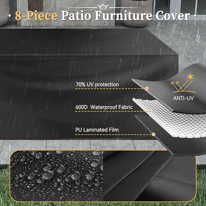 Aoxun 8 Piece Patio Furniture Set with 44” Fire Pit Table Wicker Rattan Outdoor Sectional Sofa Set with Coffee Table and Thickened Cushions, Red (Waterproof Cover Included)