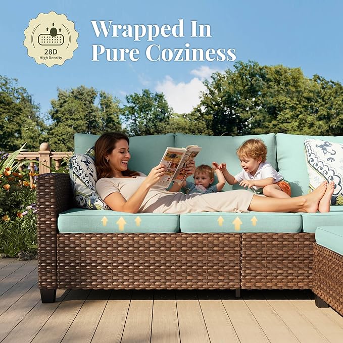 Patio Furniture Set, 7 Pcs Wicker Rattan Outdoor Conversation Set, 2 x Leg Chairs, 1 x 3 Seater Sofa, 1 x 2-Seat Lover Sofa and 2 x Ottomans with 4" Thick Cushion and 32" Fire Pit Table, Blue