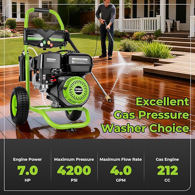 4200 PSI Gas Pressure Washer, 4.0 Max GPM 212CC 7HP Commercial Gas Power Washer, Spray Gun and Wand, 5 Nozzle Set, for Cars/Fences/Driveways/Homes/Patios/Furniture (Green)