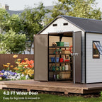 8x8 FT Resin Storage Sheds with Floor and Openable Windows, Large Waterproof Outdoor Plastic Garden Sheds with Base for Backyard Patio Lawn Big Tools Storage, Gray