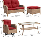 Outdoor Wicker Patio Furniture Set - 6 Piece Rattan Patio Conversation Set with 2 Rocking Swivel Chairs,2 Ottomans,1 Loveseat and 1 Coffee Table for Porch Deck Backyard Garden(Yellow/Red)