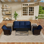 Vista Vibe 5 Pieces Outdoor Rattan Patio Conversation Furniture Set - 78" 3-Seat Sofa | 2 Swivel Glider Rocker Chairs | Wicker End Table | Metal Table, Upholstered Loveseat, Deck (Brown/Navy)