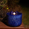 Glitzhome 14.75”H Outdoor Ceramic Garden Water Fountain with LED Lights and Pump, Two Birds Embossed Leaf Pattern Patio Fountain Floor Standing Bird Bath Fountains for Porch Deck Backyard, Cobalt Blue