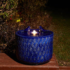 Glitzhome 14.75”H Outdoor Ceramic Garden Water Fountain with LED Lights and Pump, Two Birds Embossed Leaf Pattern Patio Fountain Floor Standing Bird Bath Fountains for Porch Deck Backyard, Cobalt Blue