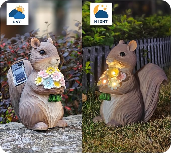 Solar Garden Squirrel Statue, Outdoor Resin Decor with Floral Accents, Resin Decorations Squirrel Figurine for Patio Lawn Porch Yard Ornaments for Mom Grandma Wife