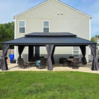 PURPLE LEAF 14' X 24' Outdoor Hardtop Gazebo Aluminum Pavilion with Galvanized Steel Double Roof for Garden Patio Lawns Permanent Gazebo with Curtains and Nettings Grey