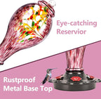 LUJII Hand Blown Glass Hummingbird Feeder for Outdoors Hanging with Ant Guard, 36 fl.oz, Leak Proof & Rustproof, Metal Base with 5 Feeding Ports & 5 Perches, Unique Garden & Backyard Decor (Purple)