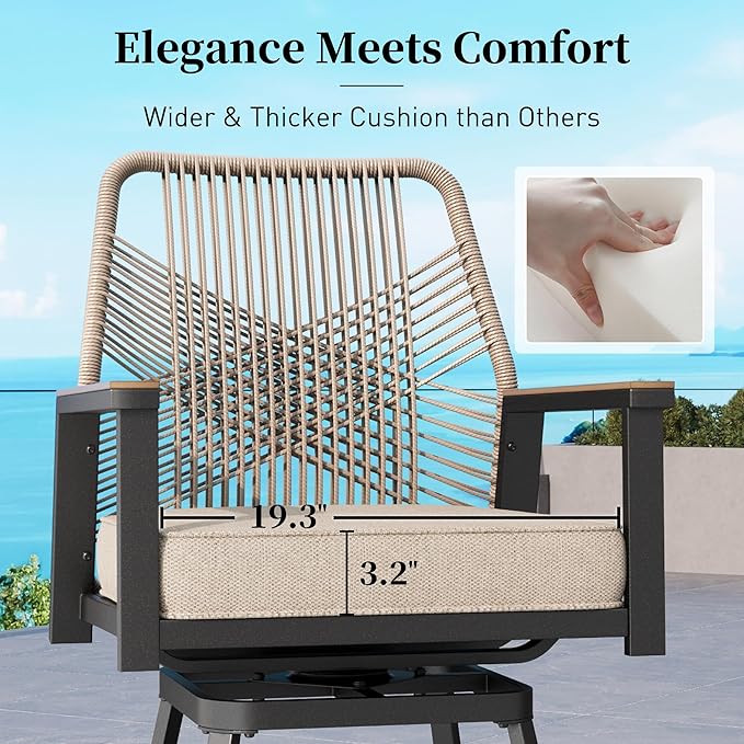 Outdoor Swivel Bar Stools Set of 2, Rattan High Top Patio Chairs with Waterproof Cushion and Armrest, All-Weather Bar Height Furniture for Outside Patio Balcony and Pool, Beige