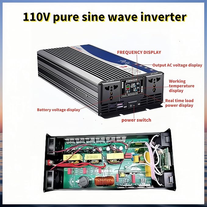 5000W Power Inverter 60V DC to 110V AC Converter with LED Display Dual AC Outlets Dual Fans Radiating for RV, Camp, Boat and Home Emergency Portable Pure Sine Wave Inverter (Smart Screen, 5000W 60V)