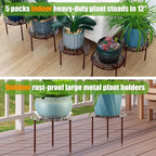 5-Pack 12” Heavy-duty Metal Plant Stands Large Flower Pot Holder for Indoor Outdoor Rust-proof Iron Potted Planter Stand Modern Round Corner Stand Shelf for Living Room Patio Garden Yard, Brown