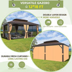 MELLCOM 12'x18' Hardtop Gazebo,Galvanized Steel Metal Double Roof Gazebos with Curtain and Netting, Brown Permanent Pavilion Canopy with Aluminum Frame for Patios,Gardens,Lawns