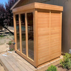Outdoor Corner Steam Sauna, Canadian Hemlock Saunas 3-4 Person, 6KW ETL Toule Heater, 220V,Broad Bench, Glass Wall Sauna, Waterproof System, Asphalt Shingles,Left Door(0-195℉)