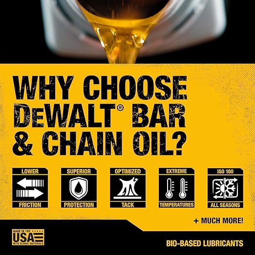DEWALT – Biodegradable Bar & Chain Oil – Green, Eco-Friendly, Non-Toxic Professional Bar & Chainsaw Lubricant – Ultraclean All-Season Oil for Gas, Electric Saw, and Pole Saw, 16 oz