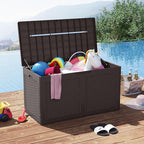 RELAX4LIFE 100-Gallon Resin Deck Box - Waterproof Outdoor Storage Box Container w/Lockable Lid & Wheels, Faux Rattan Porch Bench for Patio Furniture Cushions, Pool Accessories, Garden Tools (Brown)