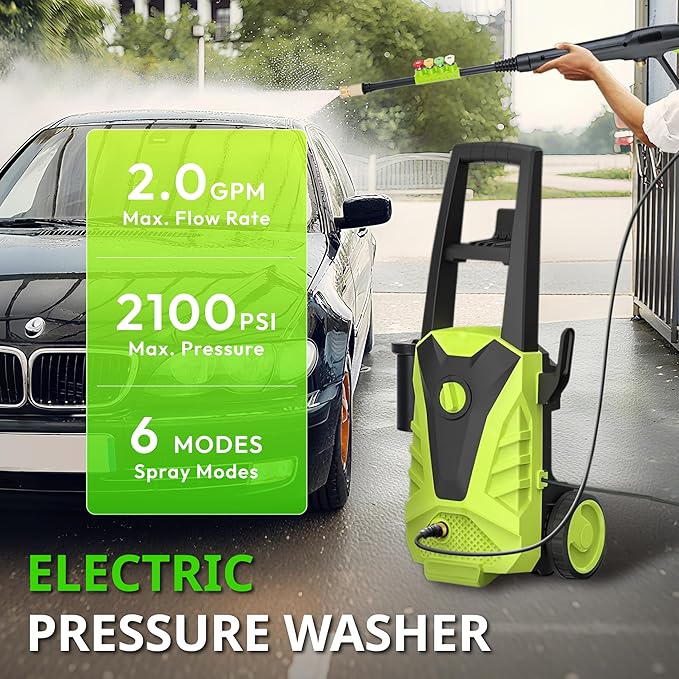 Pressure Washer Upgraded, 2100PSI, 26" Tall, 4 Quick Connect Nozzles,Inlet Hose&Filter, 6 Spray Modes for Cars/Fences/Driveways/Home Cleaning, Green