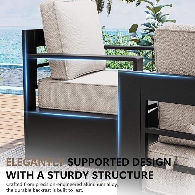 Outdoor Patio Furniture Set, 6-Piece Aluminum Patio Conversation Set All-Weather Metal Outdoor Sectional with 6 Inch Thick Cushions, Deep Setting for Garden, Outside and Porch