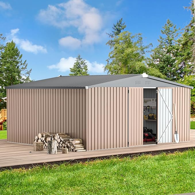 U-MAX 10' x 12' Shed Outdoor Storage Shed Clearance, Large Metal Garden Shed Yard Steel Shed with Design of Lockable Doors, Tool and Utility Storage for Backyard, Garden, Patio, Outside use Taupe