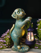Dog Statue with Solar Lantern - 9.84 Inch Resin Solar Outdoor Lawn Yard Garden Decor - Unique Design Gifts for Women Mom Men (Copper)