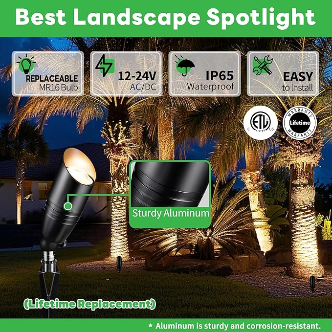 Low Voltage Outdoor Spotlight, Black LED Landscape Spot Light, Waterproof Aluminum Fixture for Garden Porch House Without MR16 Bulb