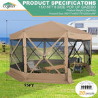 COBIZI 15x15ft Extra Large Pop Up Gazebo Canopy Tent with Mosquito Netting, Spacious Easy Set Up Screened Shelter, Durable Outdoor Pavilion with Ground Stakes, Perfect for Patio, Backyard,Khaki