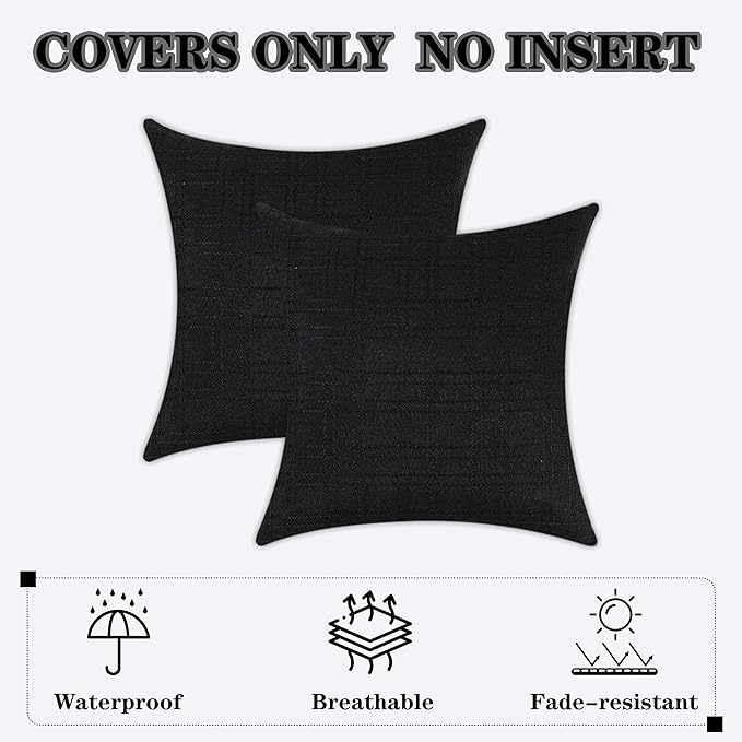 Kevin Textile Pack of 2 Outdoor Waterproof Pillow Covers Checkered Decorative Cushions Sham Throw Pillowcases Shell for Patio Tent Garden Couch Bed Sofa 22x22 Inch Black