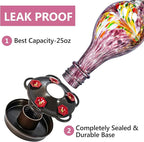 LUJII Hand Blown Glass Hummingbird Feeder for Outdoors Hanging with Ant Guard, 25 fl.oz, Leak Proof & Rustproof, Metal Base with 5 Feeding Ports & 5 Perches, Unique Garden & Backyard Decor (Purple)