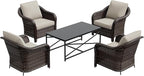5 Pieces Outdoor Patio Conversation Furniture Set with Removable Covers, All-Weather PE Rattan, 4 Steel Frame Wicker Chairs with Cushions, 47" Metal Coffee Table for Yard (Beige)