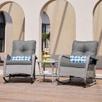 UDPATIO 3 Piece Patio Furniture Set, Wicker Rocking Bistro Set with 2 Rockers, 1 Side Table and 4‘’ Thick Cushions for Backyard, Porch, Balcony, Poolside, Porch, Balcony, Poolside, Grey