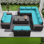 Outdoor Patio Furniture Set, 12 Pieces Outdoor Furniture All Weather Patio Sectional Sofa PE Wicker Modular Conversation Sets with Coffee Table,10 Chairs & Seat Clips Turquoise Blue.