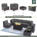 Outdoor Patio Furniture Set with Propane Fire Pit Table, 8 Pieces Furniture Patio Sectional Sofa Conversation Set w/ETL Approved 43" Gas Outdoor Fire Table & Coffee Table (Grey)