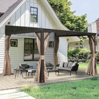 Domi 10x12FT Wall-Mounted Hardtop Gazebo, Aluminum Lean to Gazebo with Galvanized Steel Sloping Roof, Curtains & Netting for Outdoor Patio, Deck, Backyard, Garden Parties