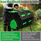 Compost Bin Outdoor, 45Gallon Dual Chamber Composter Large Composting Bin, 360° Rotating Compost Bin, BPA-Free Fast-Working Tumbling Compost Barrel, Kitchen Garden Composter Tumbler (Green)